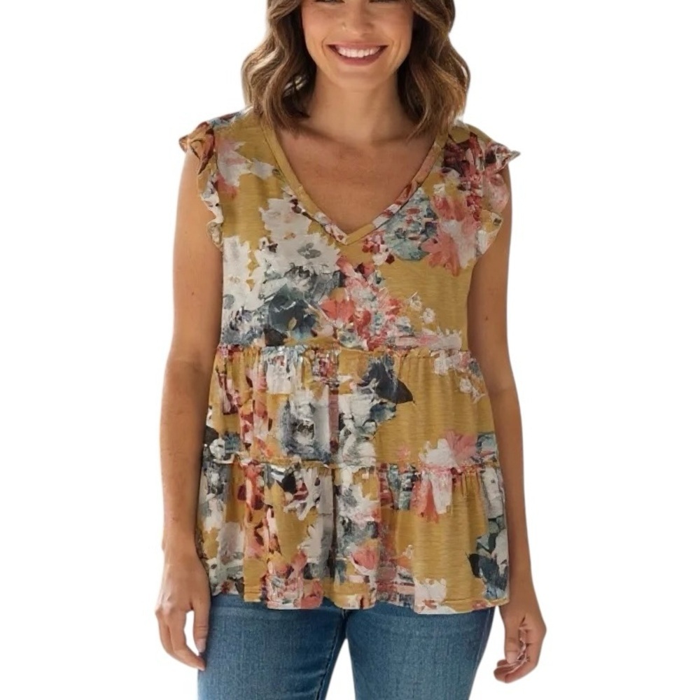Sew In Love Floral V Neck Top Ruffle Short Sleeves | Mustard & Pink Size Large